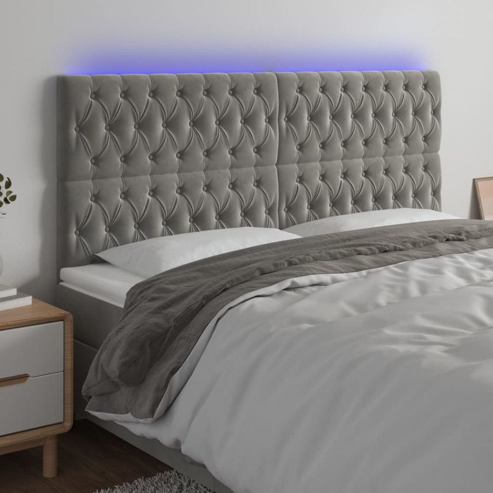Vidaxl Čelo postele s LED bledosivé 200x7x118/128 cm zamat