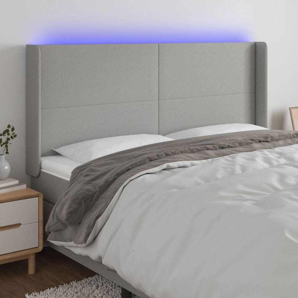 Vidaxl Čelo postele s LED bledosivé 183x16x118/128 cm látka