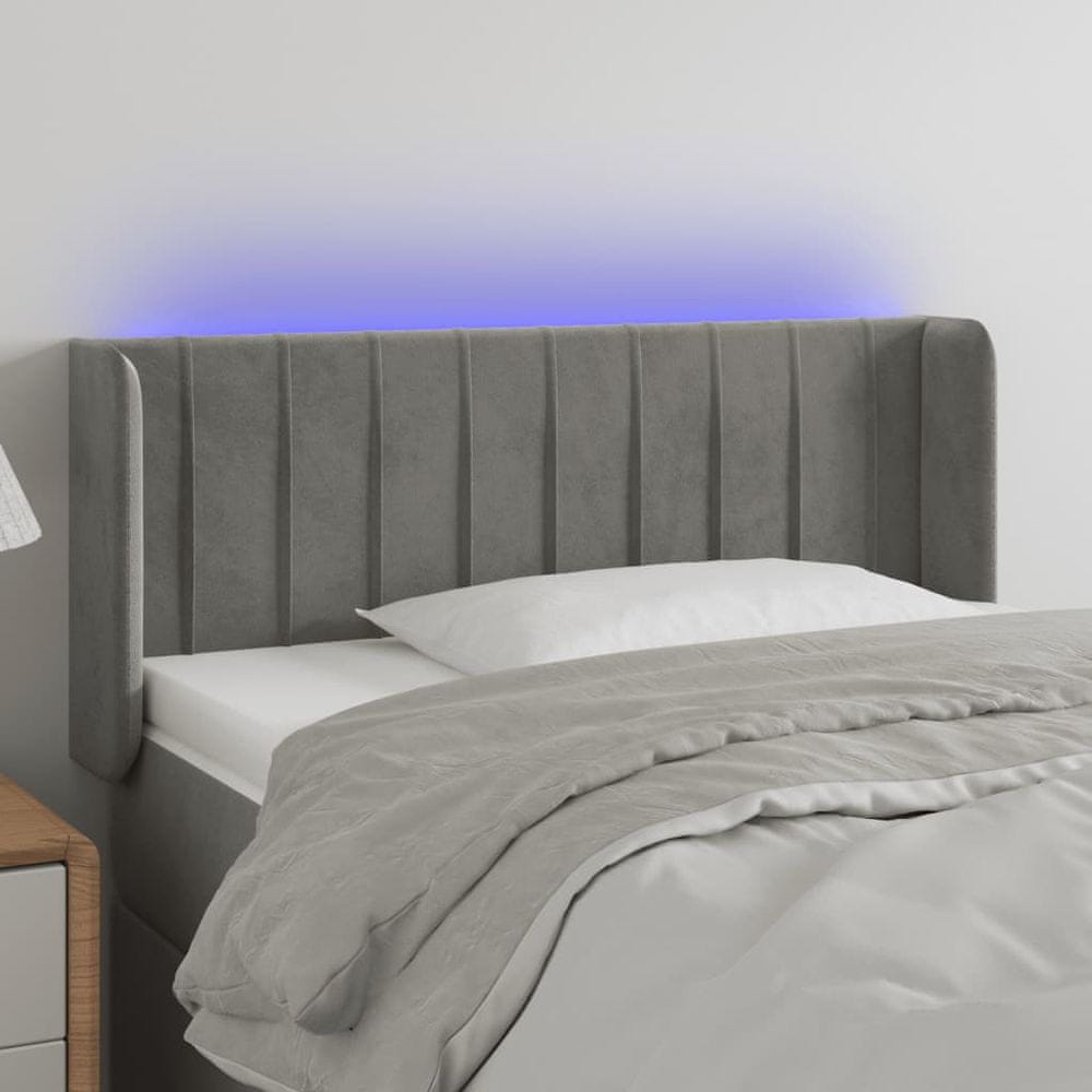 Vidaxl Čelo postele s LED bledosivé 103x16x78/88 cm zamat