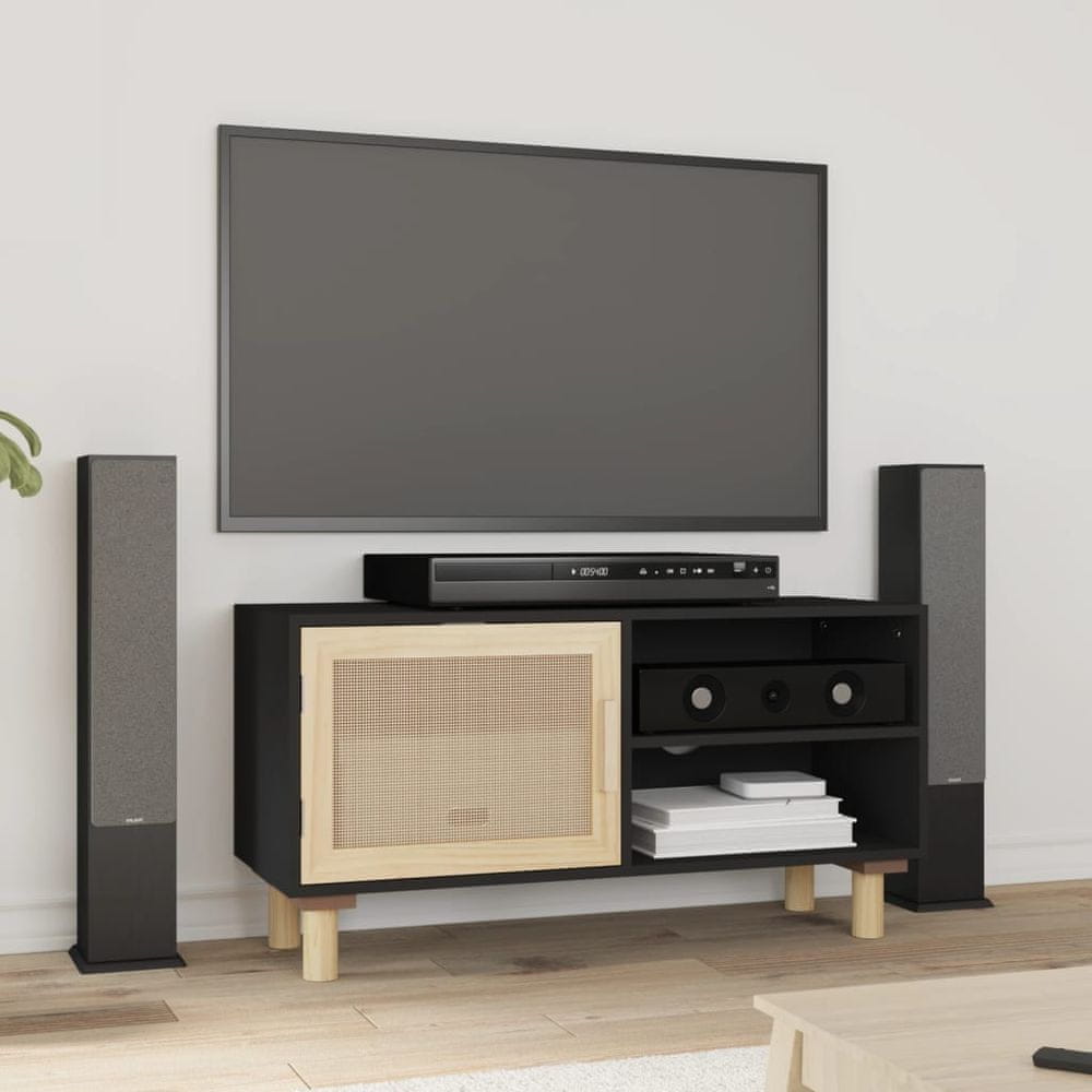 Vidaxl TV skrinka čierna 80x30x40 cm masívna borovica a prírodný ratan