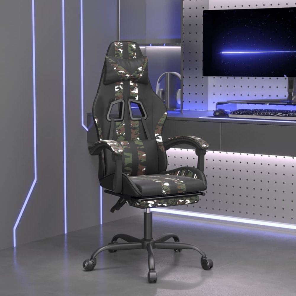 Vidaxl Otočná herná stolička s podnožkou čierna a maskáčová umelá koža