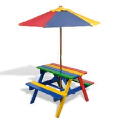 Petromila vidaXL Detský piknikový stôl + lavičky a slnečník, rôznofarebný, drevo