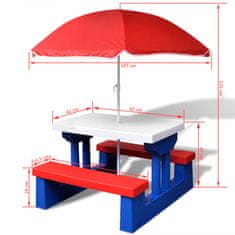 Petromila vidaXL Detský piknikový stôl s lavičkami a slnečníkom, rôznofarebný