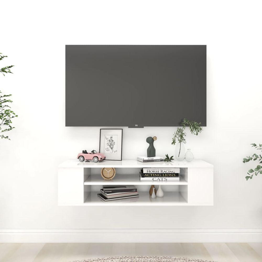 Vidaxl Závesná TV skrinka lesklá biela 100x30x26,5 cm drevotrieska