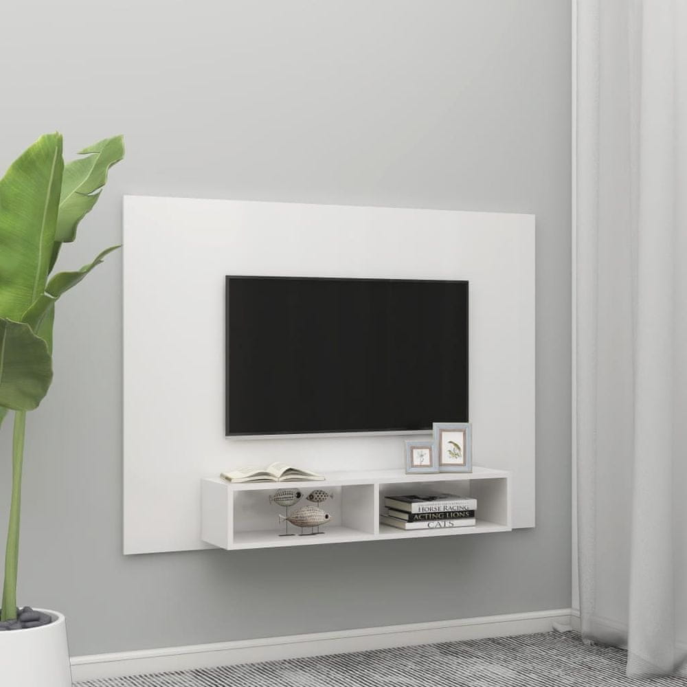 Vidaxl Nástenná TV skrinka lesklá biela 135x23,5x90 cm drevotrieska