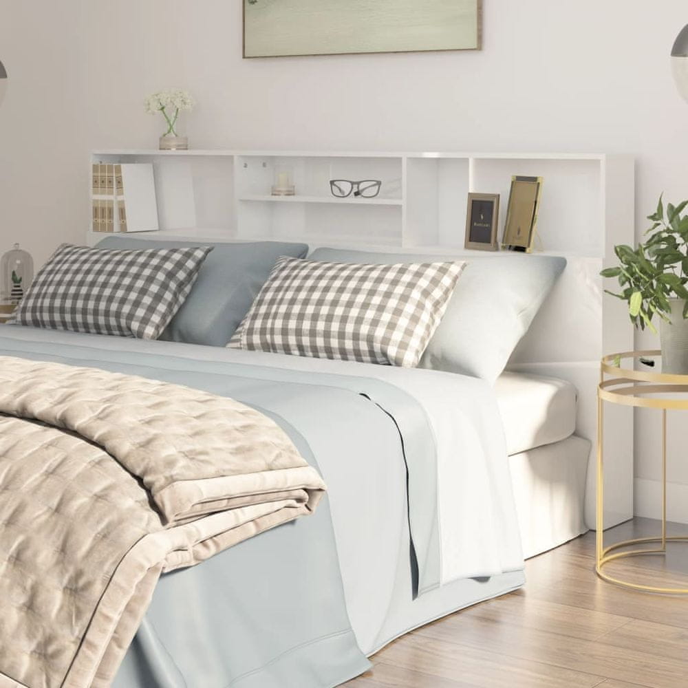 Vidaxl Čelo postele s policami, lesklá biela, 200x19x103,5 cm
