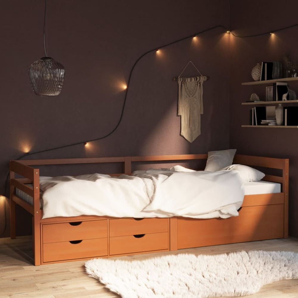 Vidaxl Rám postele so zásuvkami a skrinkou medovo-hnedý borovica 90x200 cm