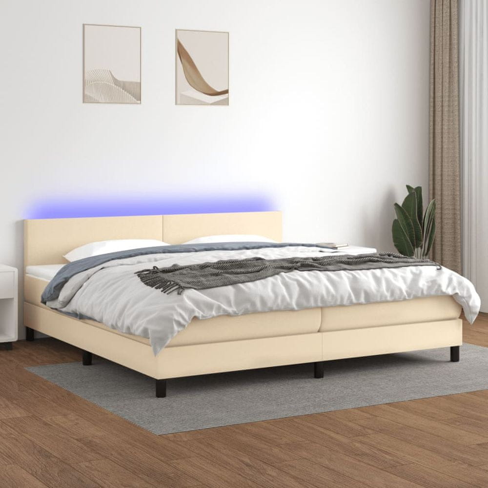 shumee Posteľ boxsping s matracom a LED krémová 200x200 cm látka