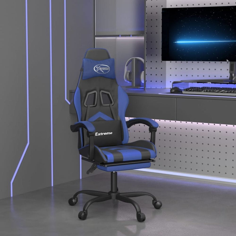 Vidaxl Otočná herná stolička s podnožkou čierna a modrá umelá koža