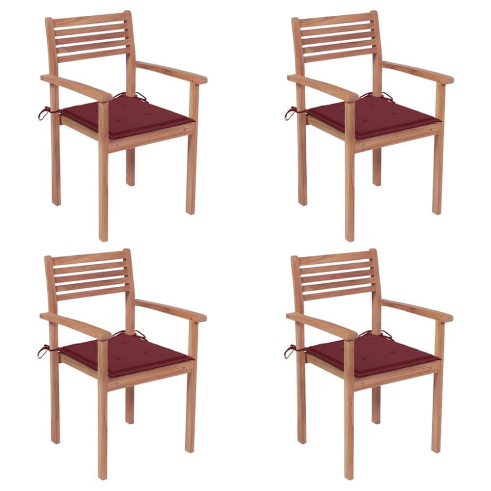 Vidaxl Záhradné stoličky 4 ks, vínovo červené podložky, tíkový masív