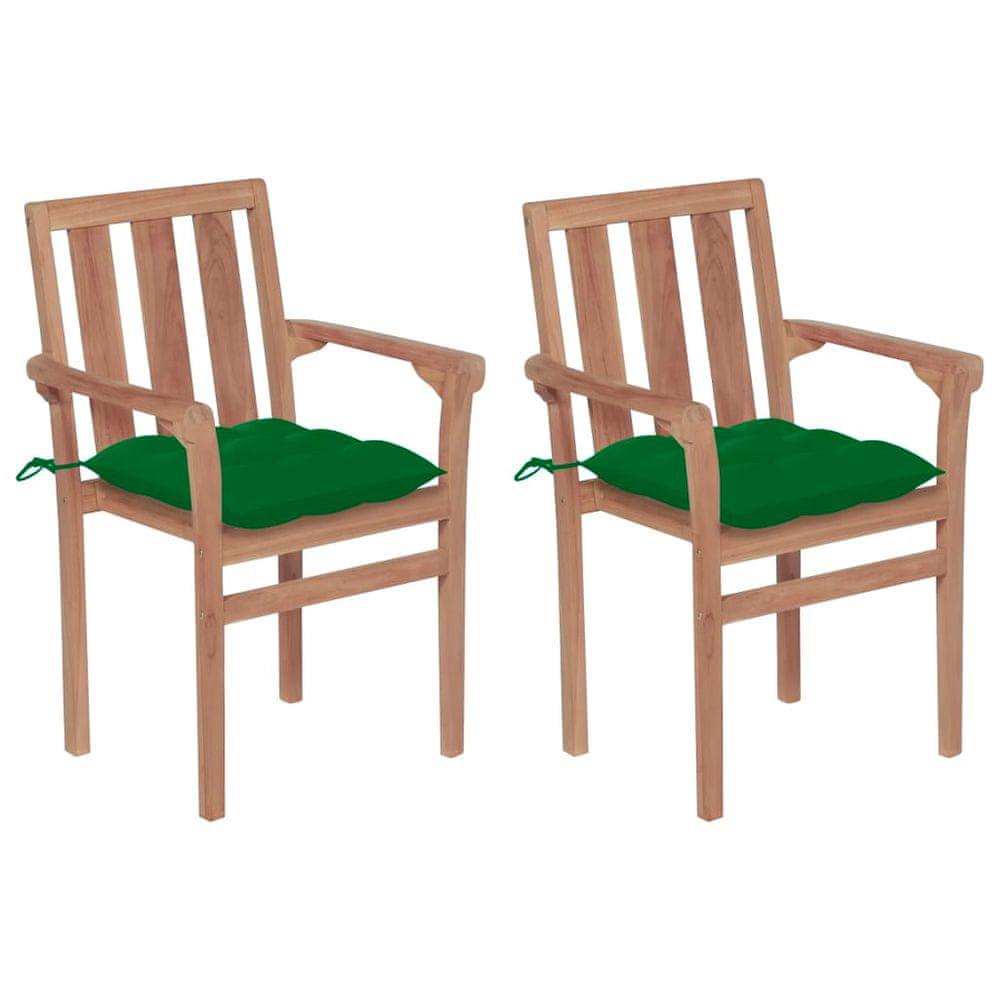 Vidaxl Záhradné stoličky 2 ks, zelené podložky, tíkový masív