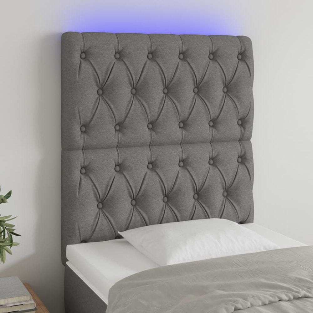 Vidaxl Čelo postele s LED tmavosivé 80x7x118/128 cm látka
