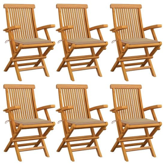 Vidaxl Záhradné stoličky, béžové podložky 6 ks, tíkový masív