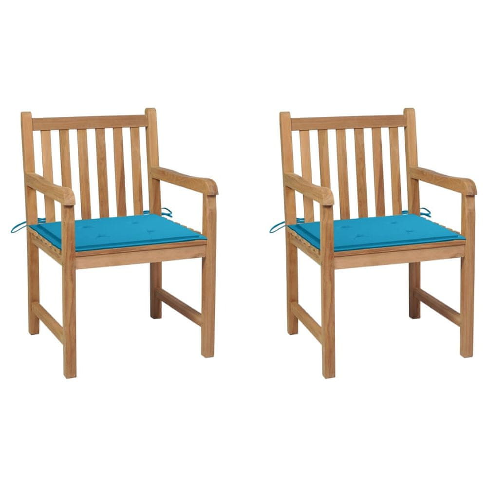 Vidaxl Záhradné stoličky 2 ks s modrými podložkami tíkový masív