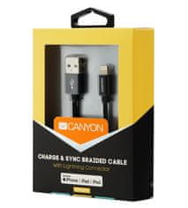 Canyon nabíjací kábel Lightning MFI-3, opletený, Apple certifikát, dĺžka 1m, čierna