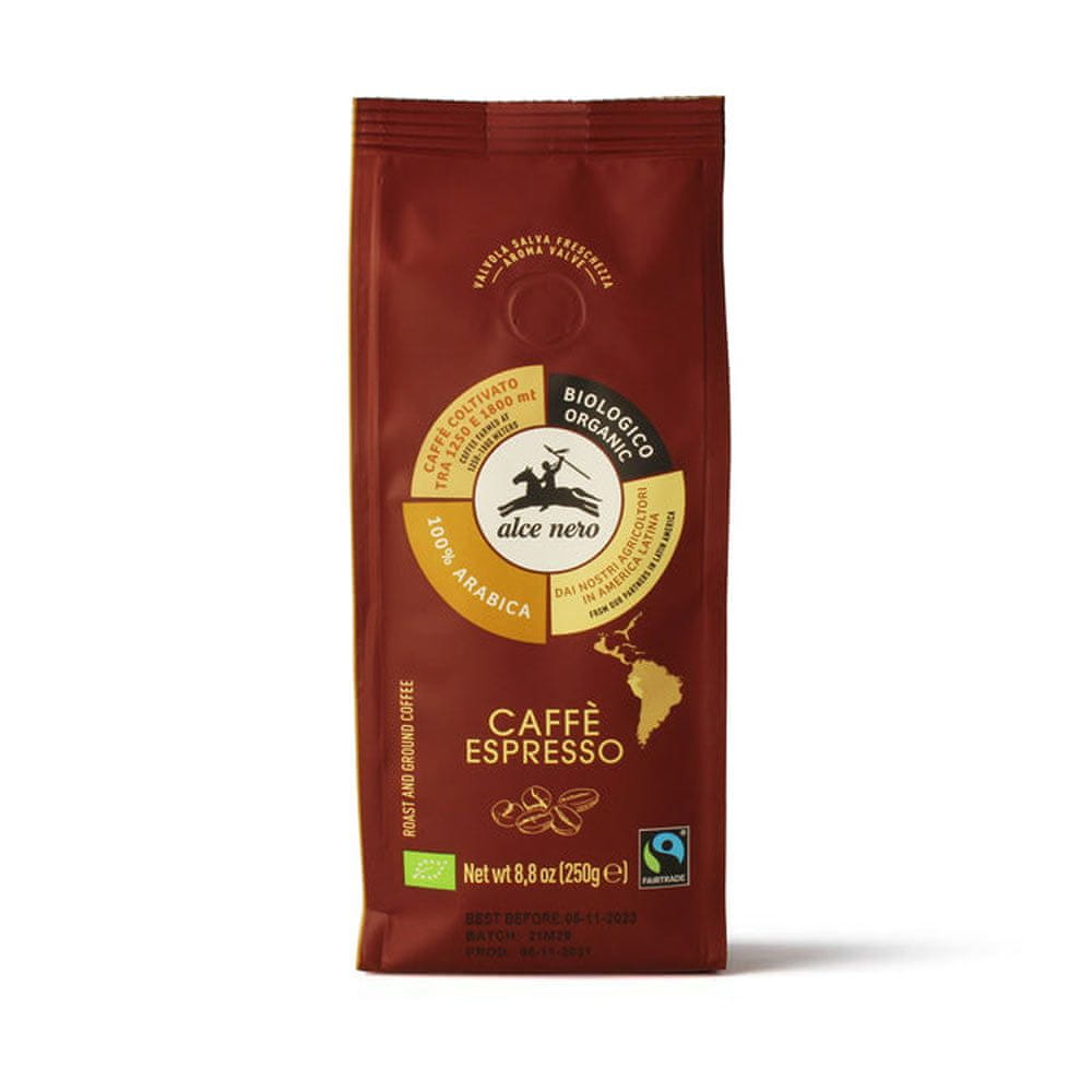 Alce Nero Talianska BIO Espresso mletá káva 100% Arabica z horských plodín BIO Fair Trade "Caffe Espresso | Caffe Coltivato tra 1250 e 1800 mt | Praž