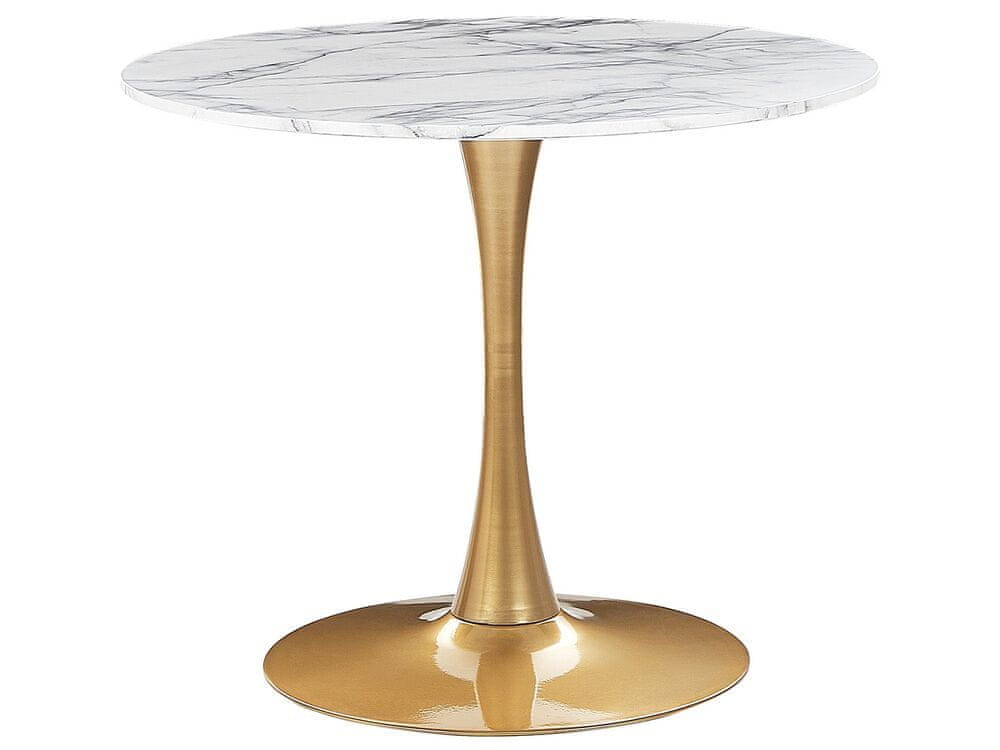 Beliani Okrúhly jedálenský stôl 90 cm s mramorovým efektom biela/zlatá BOCA