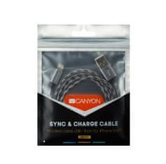 Canyon Nabíjací kábel Lightning USB pre iPhone 5/6/7, opletený, kovový plášť, 1 meter, šedá