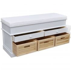 Vidaxl Biela skladovacia lavica s vankúšom 2 zásuvky 3 krabice