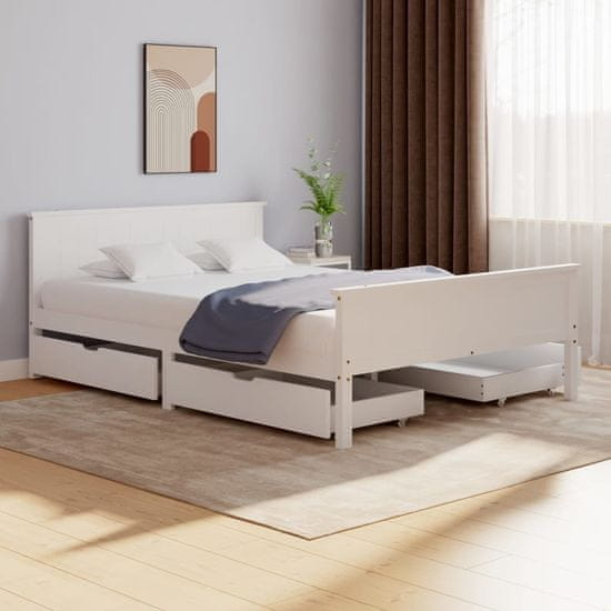 Vidaxl Rám postele so 4 zásuvkami, biely, masívne drevo, 140x200 cm