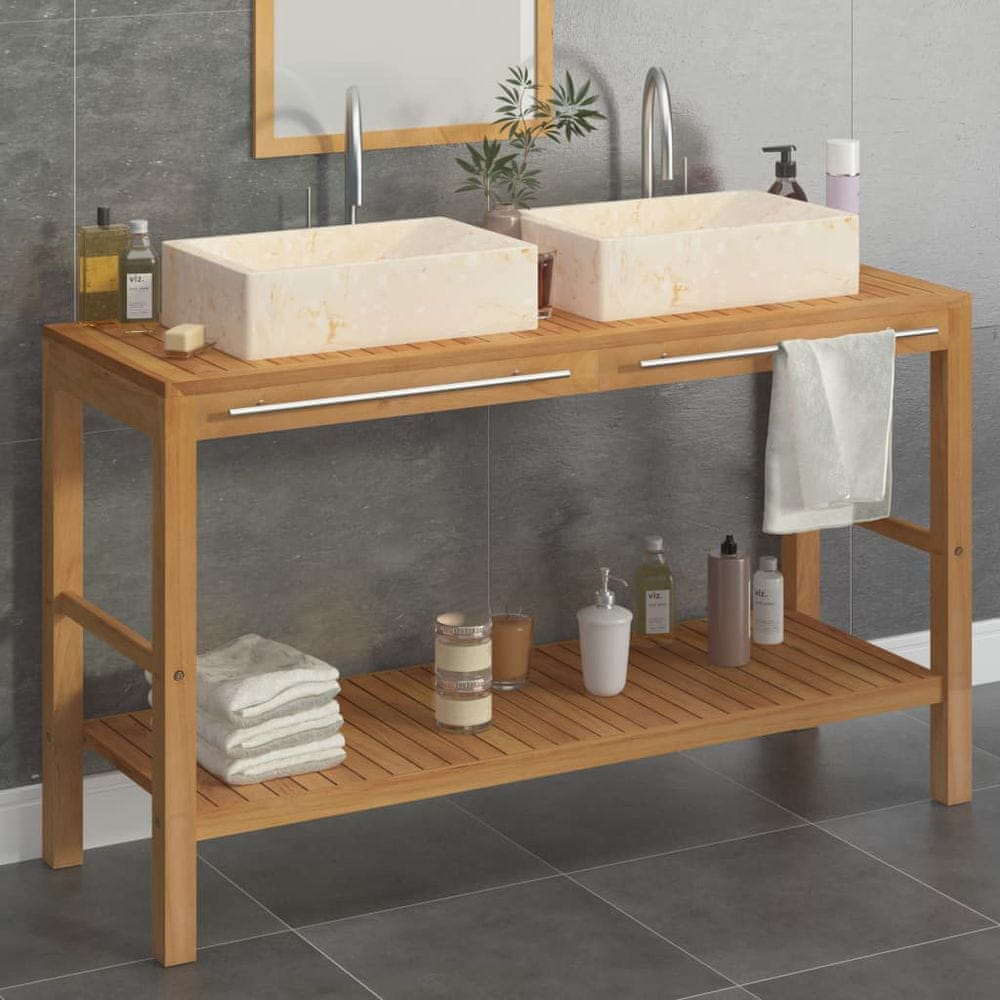 Vidaxl Kúpeľňová skrinka s 2 umývadlami, teakové drevo, krémový mramor