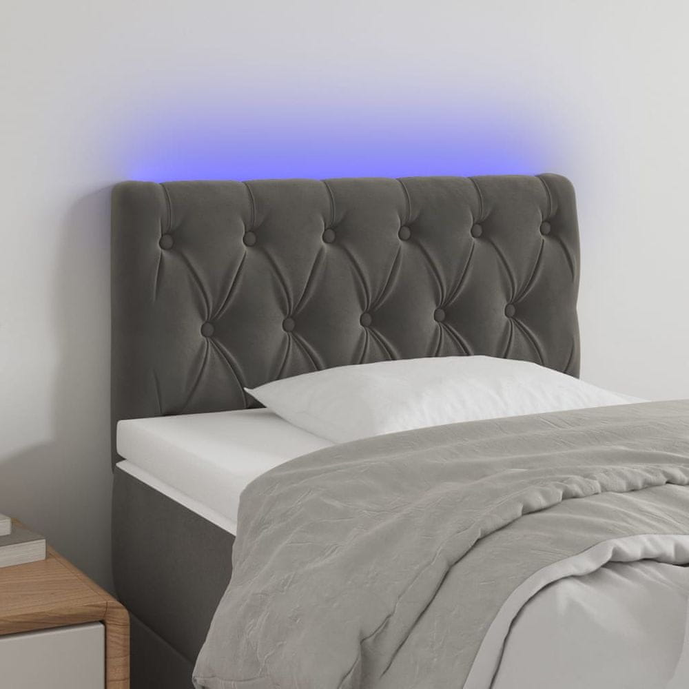 Vidaxl Čelo postele s LED tmavosivé 80x7x78/88 cm zamat