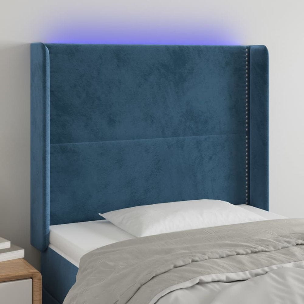 Vidaxl Čelo postele s LED tmavomodré 103x16x118/128 cm zamat