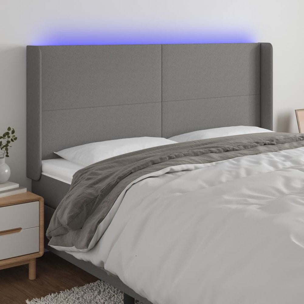 Vidaxl Čelo postele s LED tmavosivé 183x16x118/128 cm látka