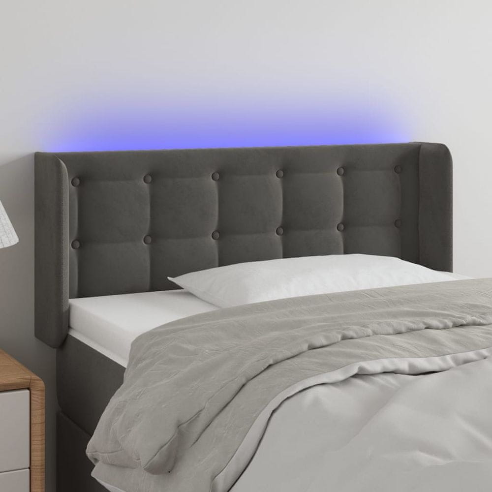 Vidaxl Čelo postele s LED tmavosivé 93x16x78/88 cm zamat