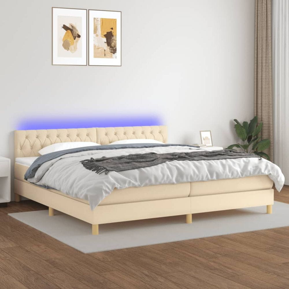 shumee Posteľ boxsping s matracom a LED krémová 200x200 cm látka