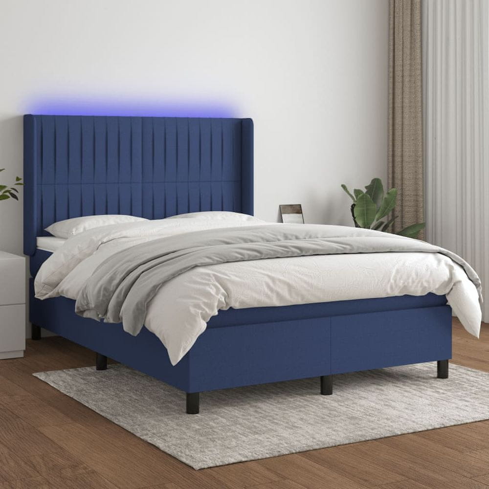 Vidaxl Posteľ boxsping s matracom a LED modrá 140x200 cm látka