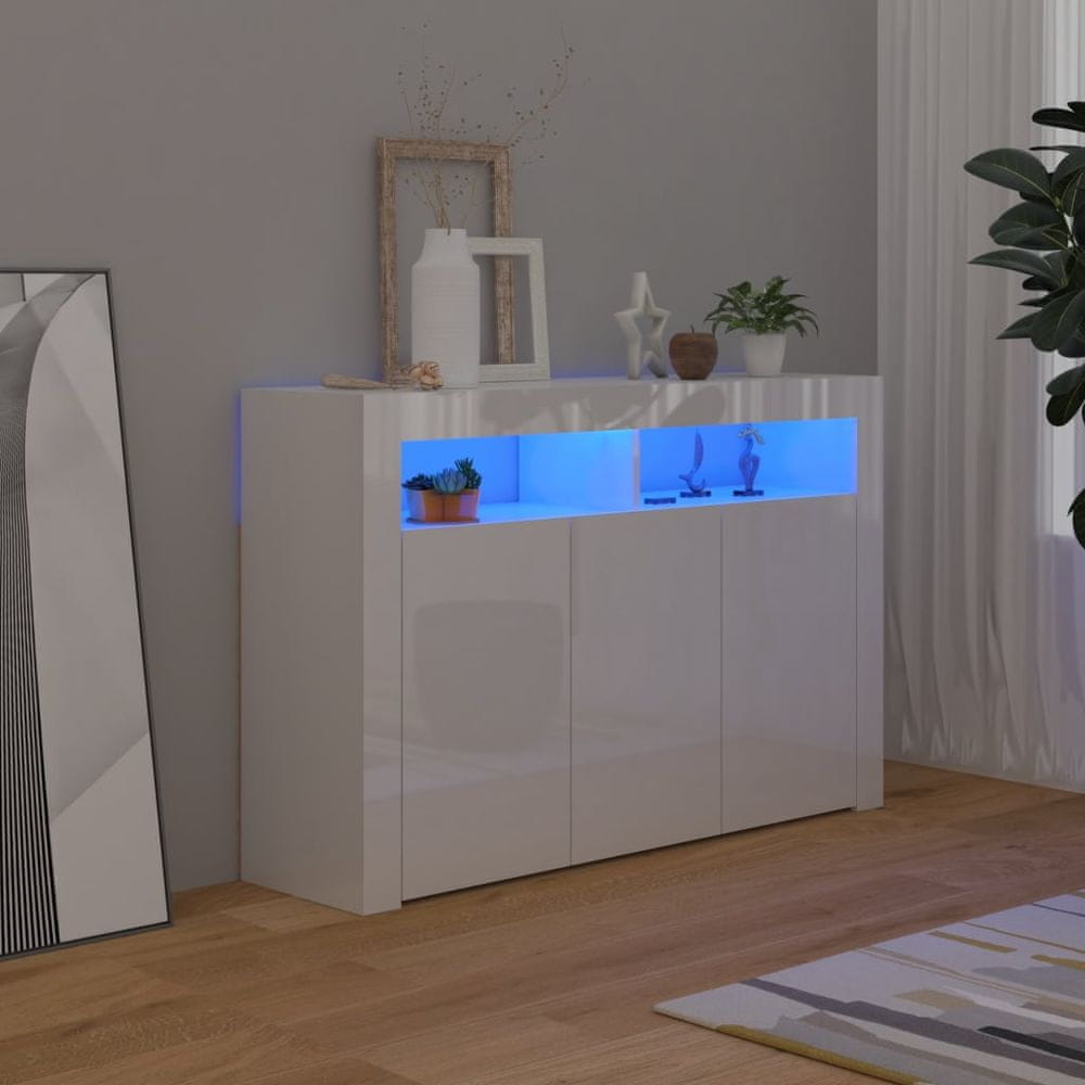 Vidaxl Komoda s LED svetlami lesklá biela 115,5x30x75 cm