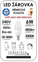Symfony LED žiarovka sviečka C30 6W / 43W 240V E14 480lm 270° 20.000h teplá biela