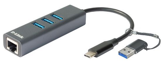 D-Link USB-C/USB na Gigabit Ethernet adaptér s 3 USB 3.0 Ports