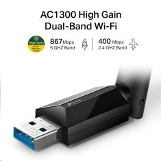 TPLINK TP-Link AC1300 High Gain Wi-Fi Dual Band USB adaptér, 867Mbps at 5GHz + 400Mbps at 2.4GHz, USB 3.0, 1xHigh Gain Externa