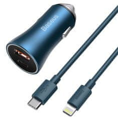 BASEUS Golden Contactor Pro autonabíjačka USB-C / USB 40W PD QC + kábel USB-C / Lightning, modrá