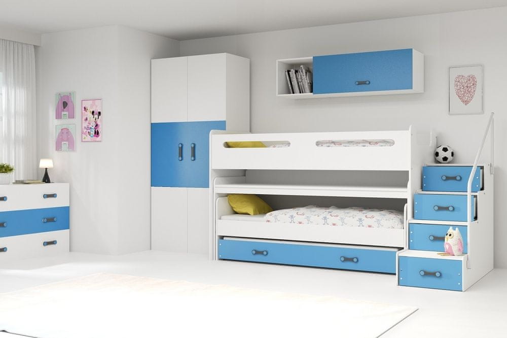 eoshop Detská poschodová posteľ Max 1 - 3 osoby – biela - modrá, 80x200 s prístelkou