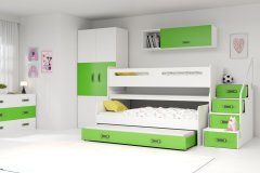eoshop Detská poschodová posteľ Max 1 - 3 osoby – biela - zelená, 80x200 s prístelkou