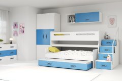 eoshop Detská poschodová posteľ Max 1 - 3 osoby – biela - modrá, 80x200 s prístelkou