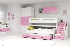 eoshop Detská poschodová posteľ Max 1 - 3 osoby – biela - ružová, 80x200 s prístelkou