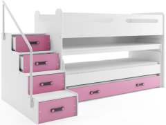 eoshop Detská poschodová posteľ Max 1 - 3 osoby – biela - ružová, 80x200 s prístelkou