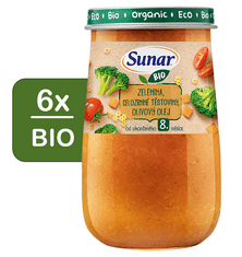 Sunar BIO príkrm zelenina, celozrnné cestoviny, olivový olej 8m+, 6 x 190 g
