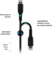 FIXED nabíjecí a datový kábel Liquid silicone USB-C - Lightning, MFi, PD, 2m, čierna