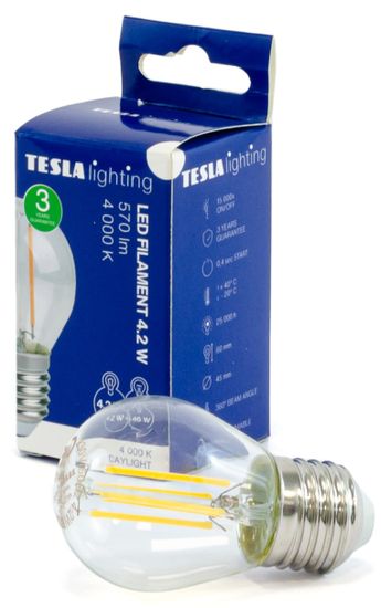 Tesla Lighting LED žiarovka FILAMENT RETRO miniglobe, E27, 4.2W, 230V, 570lm, 25 000h, 4000K denná biela, 360stu