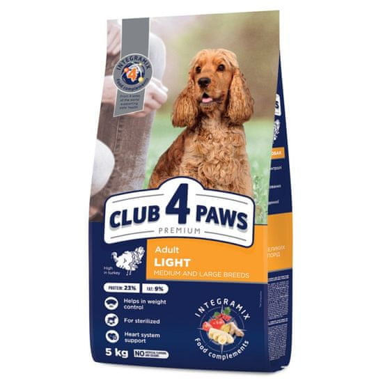 Club4Paws Premium LIGHT. For weight control 5 kg. Pre dospelých psov stredných a veľkýh plemien, sterilizované s morkou