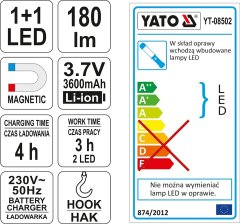 YATO Lampa montážna 1+1 LED, bezprívodová, 3,7 V Li-ion, magnet + hák, 180lm