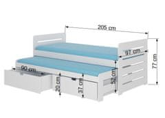 nabbi Drevená detská posteľ s prístelkou Tigris 90x200 cm - biela