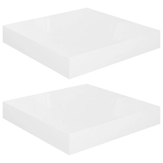 Vidaxl Plávajúce nástenné police 2 ks, lesklé biele 23x23,5x3,8cm, MDF