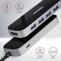 AXAGON multifunkční HUB 5v1 USB 3.2 Gen 1, 4x USB-A, HDMI, PD 100W, kábel USB-C 20cm