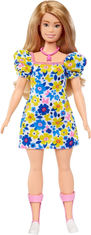 Mattel Barbie Modelka 208 - šaty s modrými a žltými kvetmi FBR37
